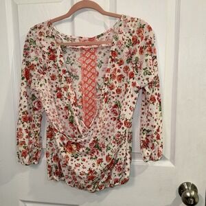 Y2K Deb Large Coquette Floral Lace Drape Blouse‎ Pink Sheer Romantic Top